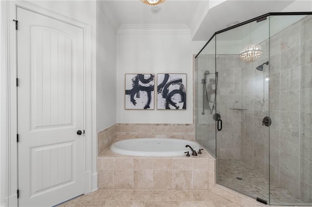 bathroom featuring independent shower and bath, crown molding, a chandelier, and tile patterned flooring