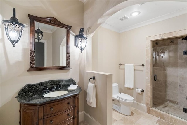 bathroom featuring toilet, an enclosed shower, vanity, and crown molding