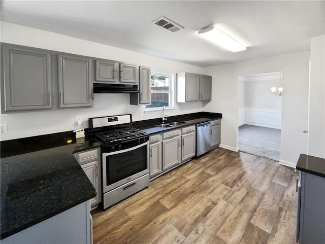 kitchen featuring stainless steel appliances, sink, hardwood / wood-style floors, and gray cabinetry