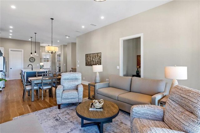 living room with wood-type flooring and sink