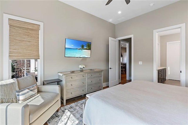 bedroom with recessed lighting, wood finished floors, and a ceiling fan