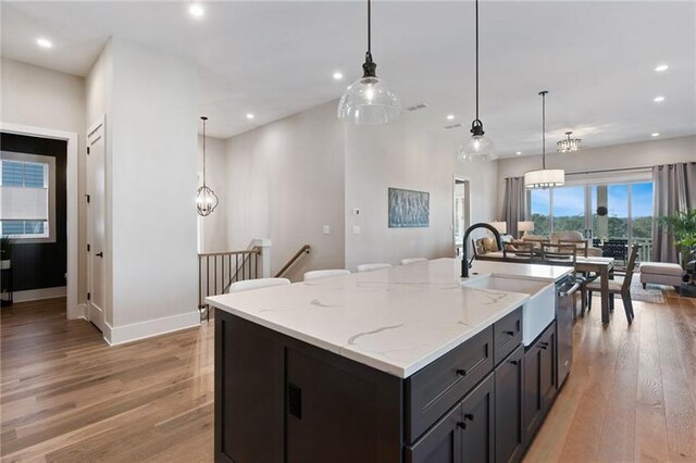 kitchen with hardwood / wood-style flooring, decorative light fixtures, sink, and an island with sink