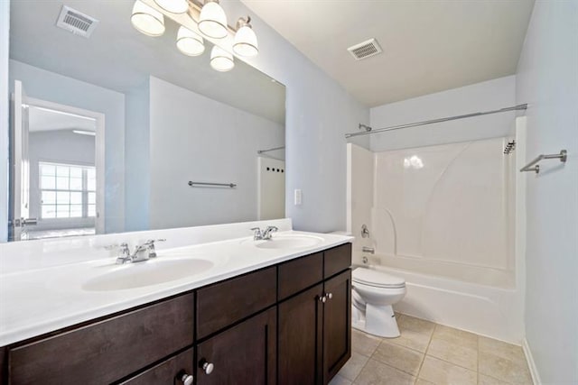 full bathroom with toilet,  shower combination, tile patterned flooring, and vanity