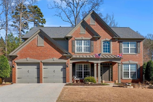 view of front of house with a garage, brick siding, driveway, and a shingled roof