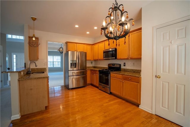 kitchen featuring a sink, decorative backsplash, appliances with stainless steel finishes, and a peninsula