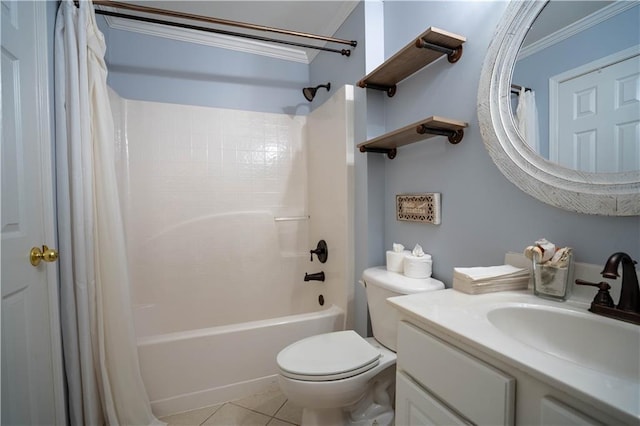 full bathroom featuring vanity, ornamental molding, toilet, shower / tub combo with curtain, and tile patterned floors
