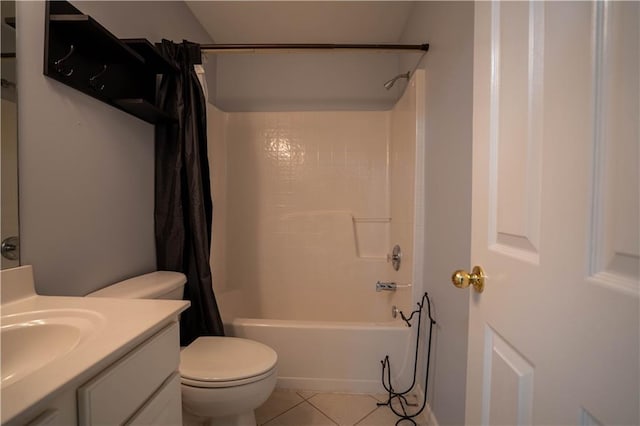 bathroom featuring toilet, shower / tub combo, tile patterned floors, and vanity