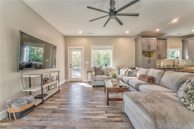 living room with ceiling fan, sink, and hardwood / wood-style floors