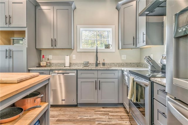 kitchen with stainless steel appliances, gray cabinetry, light stone counters, and wall chimney exhaust hood