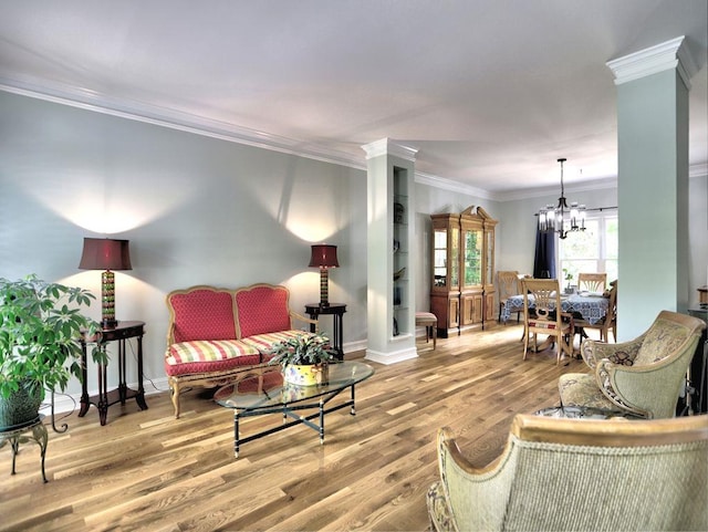 5105 Tynewick Trce NE, Roswell, GA 30075 - living area featuring ornamental molding, a chandelier, wood finished floors, baseboards, and decorative columns
