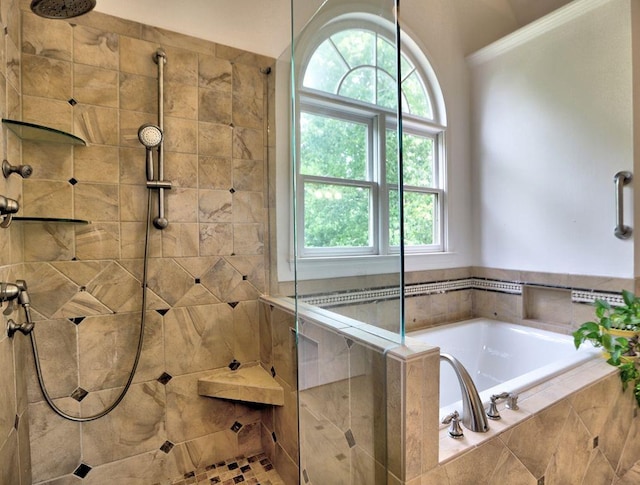 5105 Tynewick Trce NE, Roswell, GA 30075 - bathroom featuring crown molding, a tile shower, a bath, and healthy amount of natural light