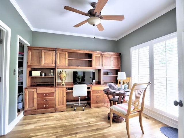5105 Tynewick Trce NE, Roswell, GA 30075 - office with ceiling fan, crown molding, light wood-style floors, and built in desk