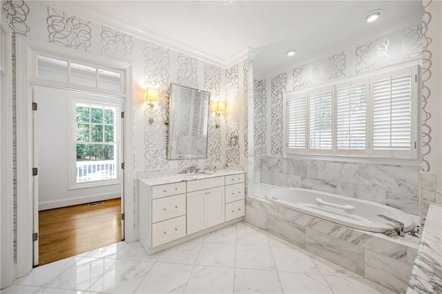 bathroom featuring crown molding, a bath, vanity, wallpapered walls, and recessed lighting