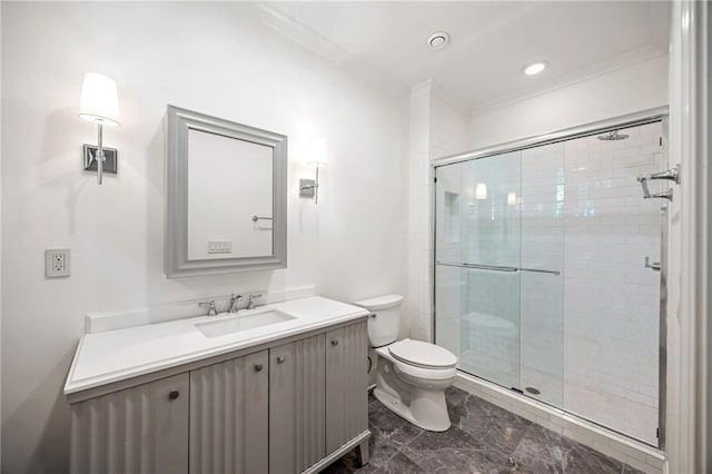 full bath with a stall shower, toilet, vanity, and marble finish flooring
