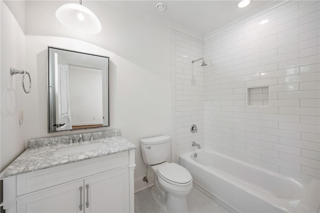 full bath with toilet, bathtub / shower combination, vanity, tile patterned flooring, and baseboards