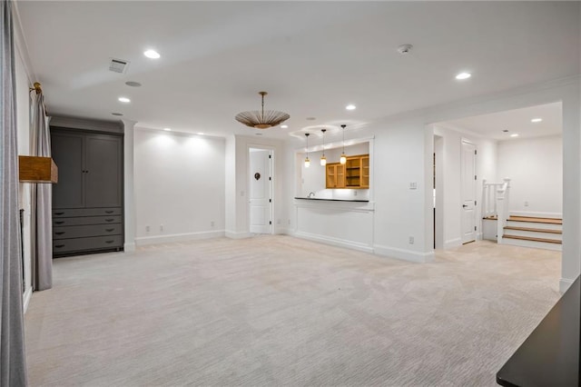 unfurnished living room with light carpet, recessed lighting, baseboards, and stairway