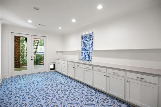 clothes washing area featuring french doors, recessed lighting, and ornamental molding