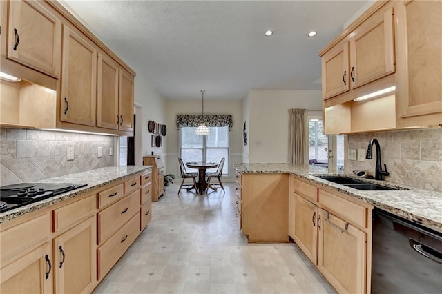 kitchen with a sink, light brown cabinets, plenty of natural light, and black appliances