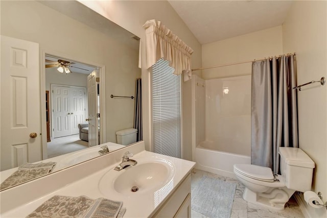 full bath featuring vanity, marble finish floor, toilet, a ceiling fan, and shower / tub combo