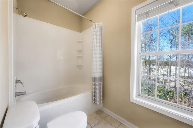 bathroom with tile patterned flooring, toilet, and shower / tub combo with curtain