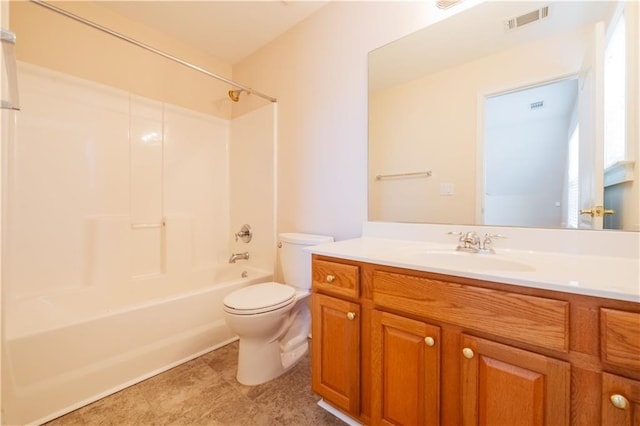 bathroom with shower / bathing tub combination, visible vents, toilet, and vanity