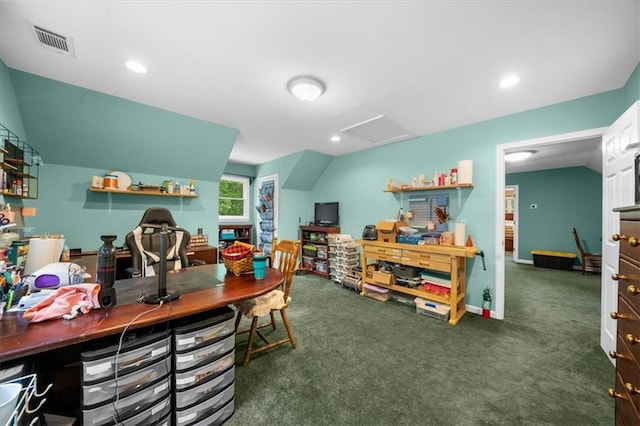 1731 Apple Pie Ridge Rd, Alto, GA 30510 - carpeted home office featuring attic access, vaulted ceiling, recessed lighting, and baseboards