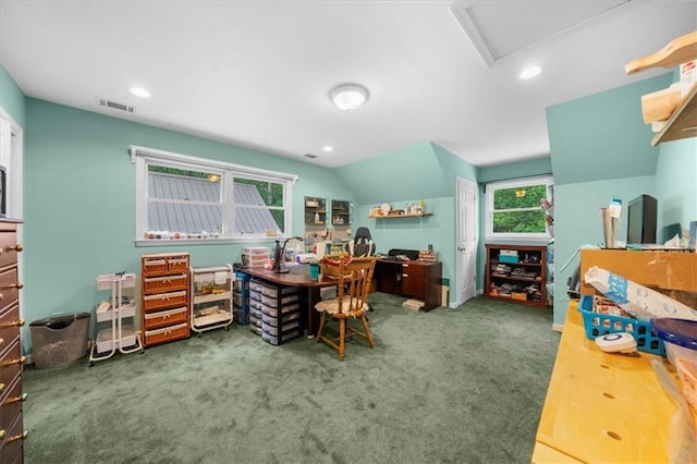 1731 Apple Pie Ridge Rd, Alto, GA 30510 - carpeted home office with vaulted ceiling, recessed lighting, and attic access