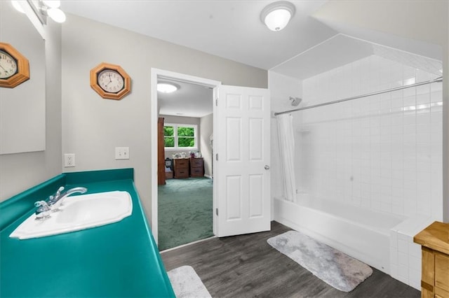 1731 Apple Pie Ridge Rd, Alto, GA 30510 - bathroom featuring shower / bath combo with shower curtain, wood finished floors, and vanity