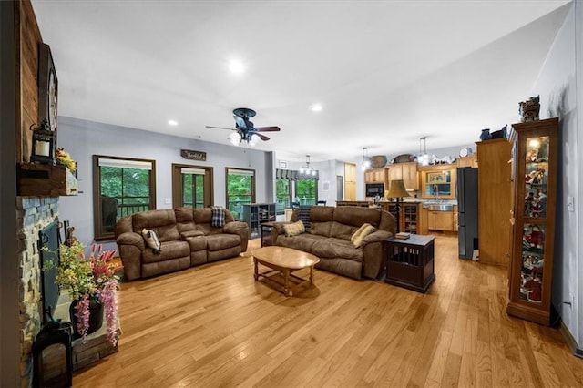 1731 Apple Pie Ridge Rd, Alto, GA 30510 - living room with light wood finished floors, ceiling fan, recessed lighting, and a fireplace
