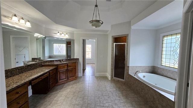 bathroom with a shower stall, a tray ceiling, ornamental molding, a bath, and vanity