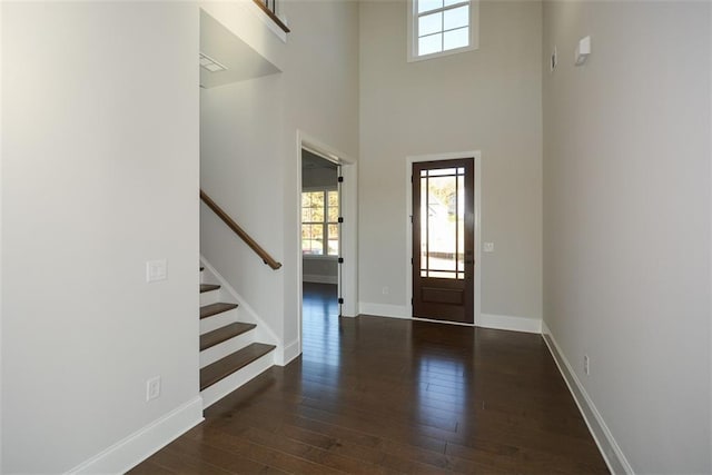 foyer with a high ceiling and dark hardwood / wood-style floors