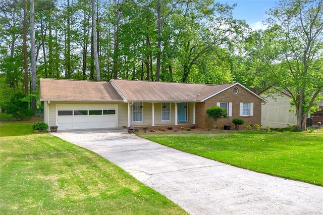 single story home featuring an attached garage, driveway, and a front yard