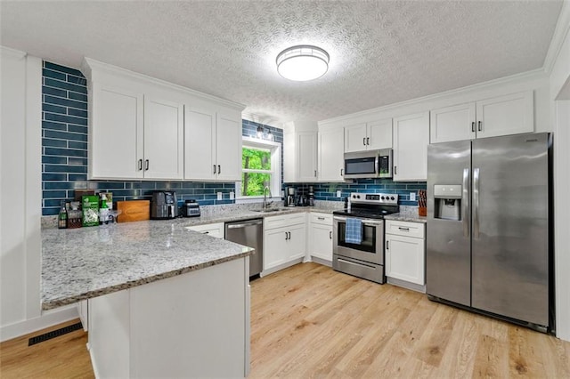 kitchen featuring a peninsula, light wood-type flooring, white cabinetry, tasteful backsplash, and stainless steel appliances