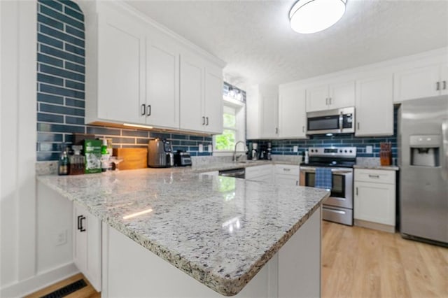 kitchen with appliances with stainless steel finishes, light wood-style flooring, a peninsula, white cabinetry, and decorative backsplash