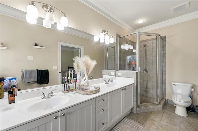 3642 Princeton Ave, Atlanta, GA 30337 - full bathroom with double vanity, tile patterned floors, a stall shower, and crown molding