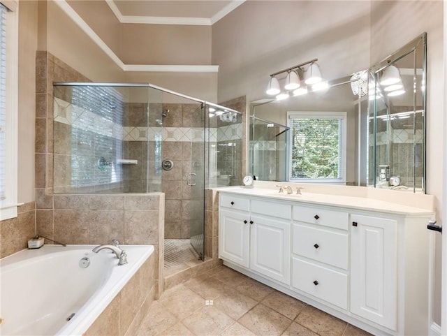 bathroom featuring ornamental molding, independent shower and bath, tile patterned flooring, and vanity