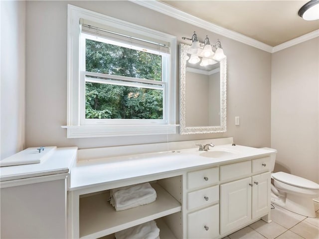 bathroom with crown molding, vanity, toilet, and tile patterned flooring