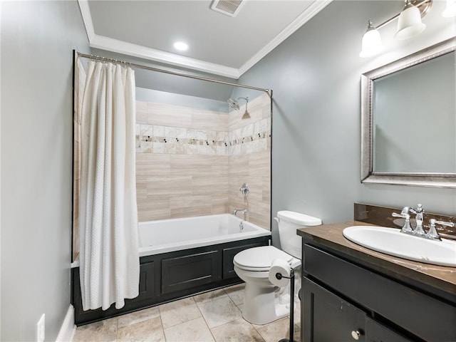 full bathroom with shower / tub combo with curtain, ornamental molding, toilet, and vanity