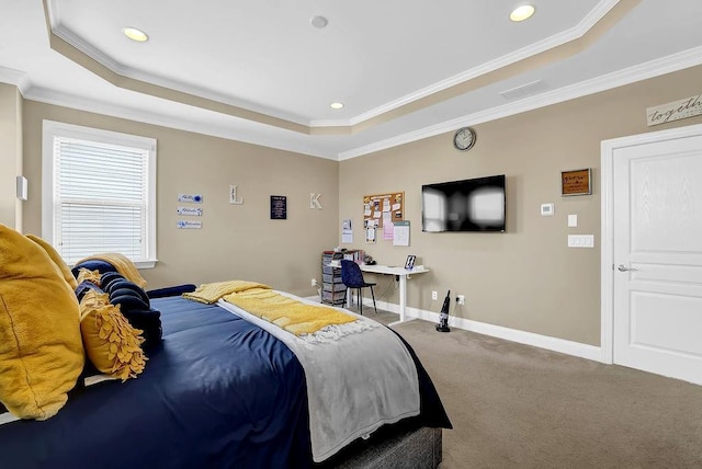 carpeted bedroom featuring ornamental molding, recessed lighting, a raised ceiling, and baseboards