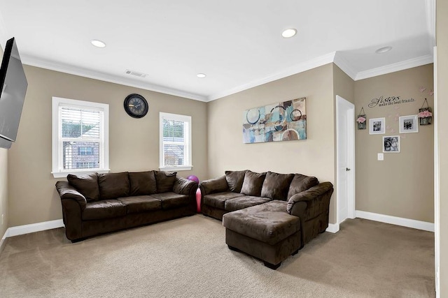 carpeted living area with ornamental molding, recessed lighting, visible vents, and baseboards