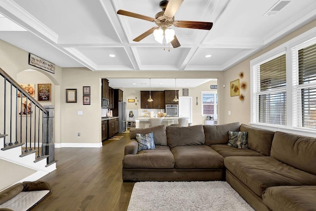 living area with coffered ceiling, visible vents, baseboards, stairway, and dark wood finished floors