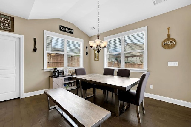 dining room featuring lofted ceiling, dark wood-type flooring, visible vents, and baseboards