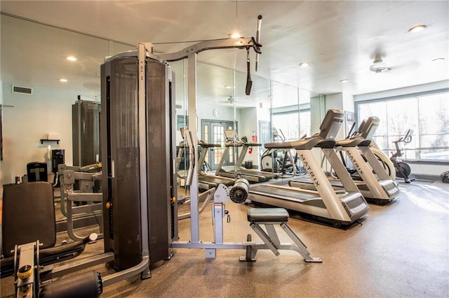 workout area with ceiling fan