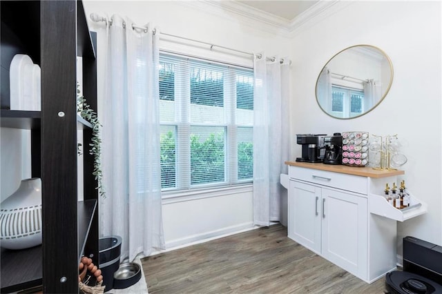 doorway to outside featuring dark hardwood / wood-style floors and ornamental molding