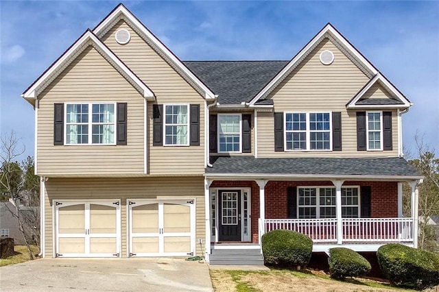 view of front of property featuring covered porch, concrete driveway, an attached garage, a shingled roof, and brick siding