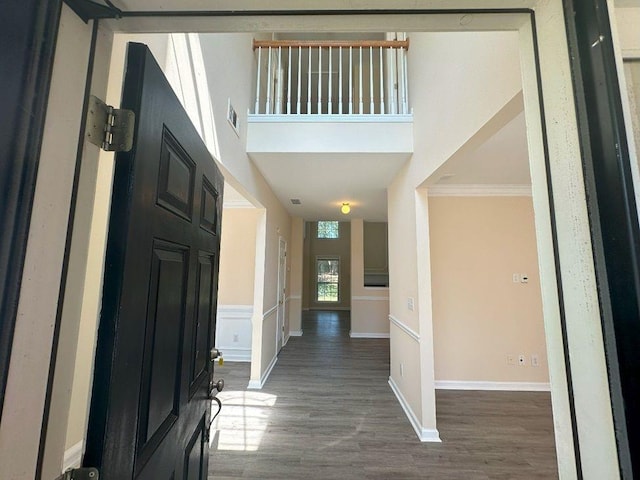 foyer featuring wood-type flooring and a towering ceiling