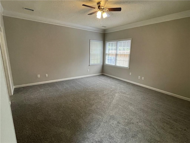 7123 Woodridge Ln, Union City, GA 30291 - unfurnished room featuring a textured ceiling, a ceiling fan, crown molding, and dark colored carpet