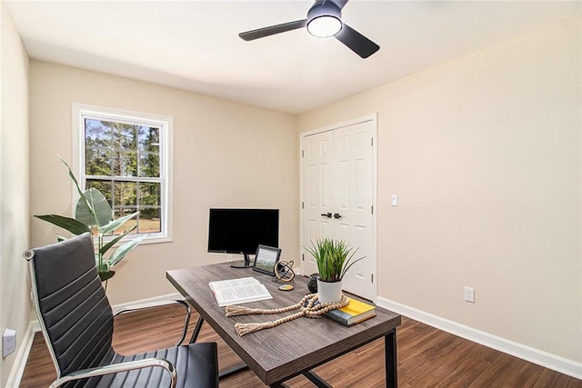 9640 Cedar Grove Rd, Fairburn, GA 30213 - home office featuring baseboards, a ceiling fan, and wood finished floors