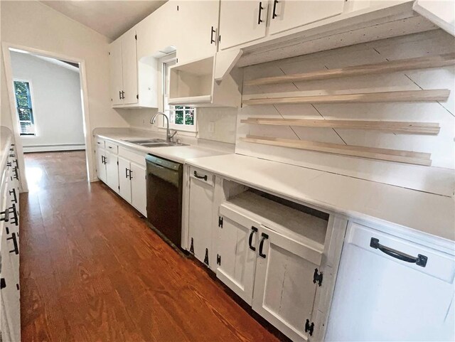 kitchen with a baseboard radiator, sink, dark hardwood / wood-style floors, black dishwasher, and white cabinets