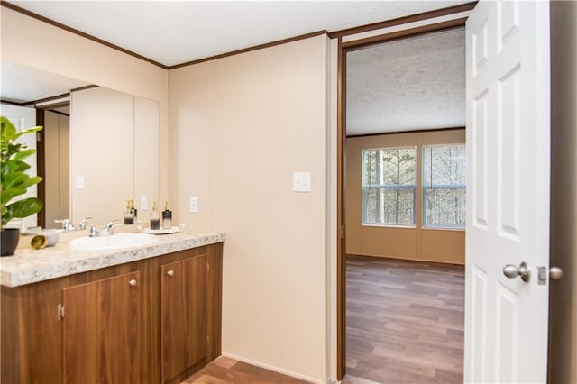 bathroom with vanity, hardwood / wood-style flooring, crown molding, and a textured ceiling